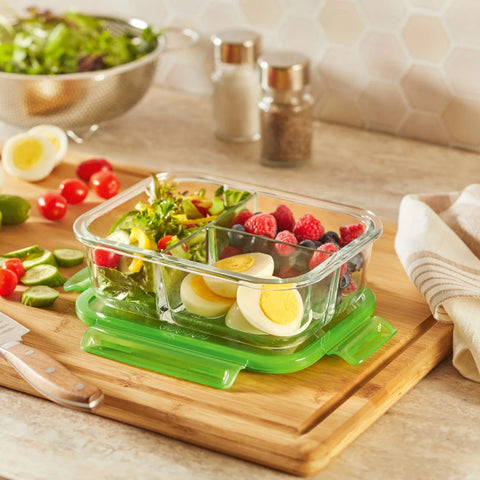 Pyrex® MealBox™ 4-cup Divided Glass Food Storage Container with Green Lid